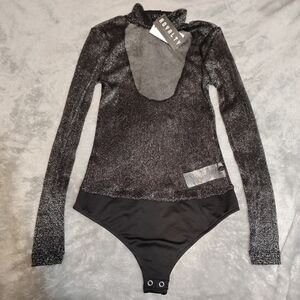 Asymmetrical Black and Silver Long Sleeve Mesh Bodysuit